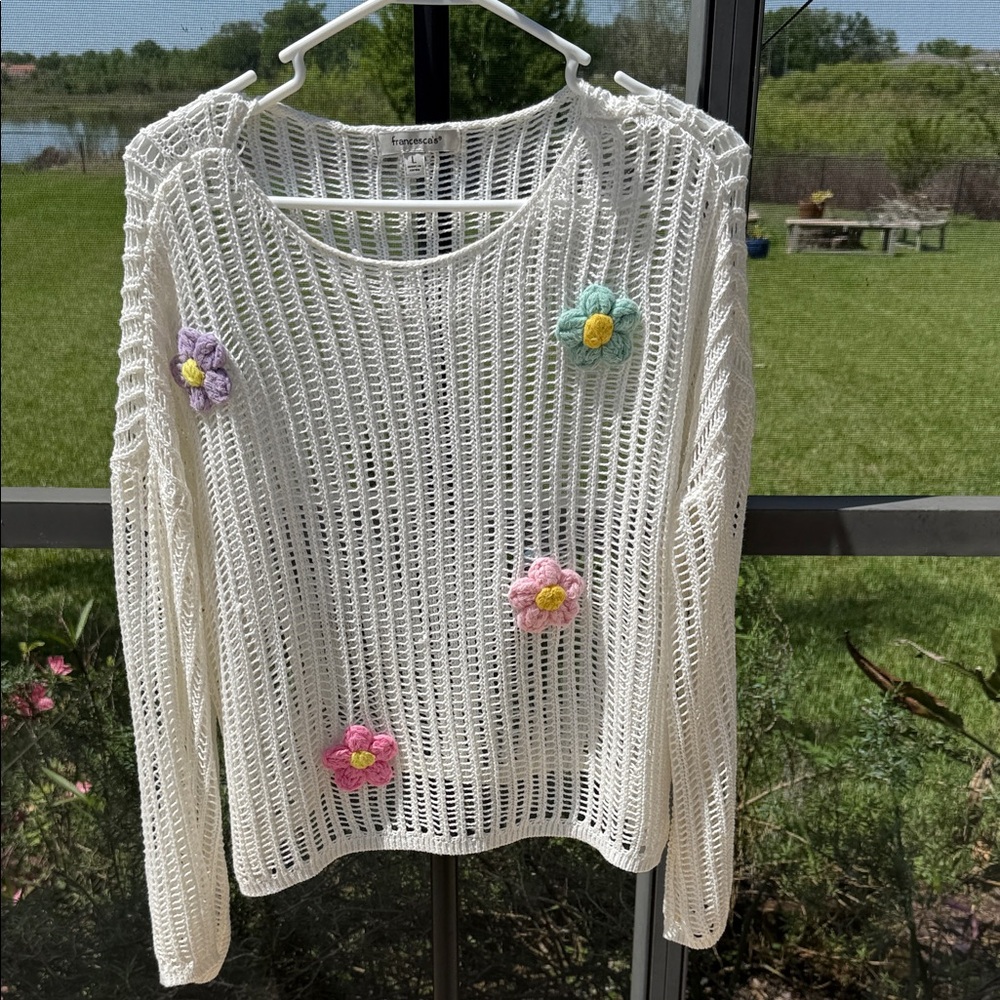 Francesca's Off White Open-Knit Crochet Sweater with Floral Accents